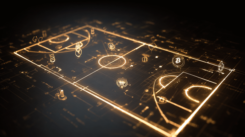 Futuristic digital basketball court with glowing data lines and cryptocurrency symbols, representing AI and technology shaping the future of sports betting.