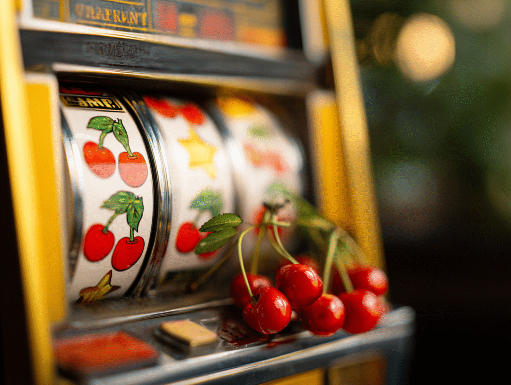 Close-up of a classic slot machine with cherries on the reels and fresh cherries placed on the machine, symbolizing a winning spin.