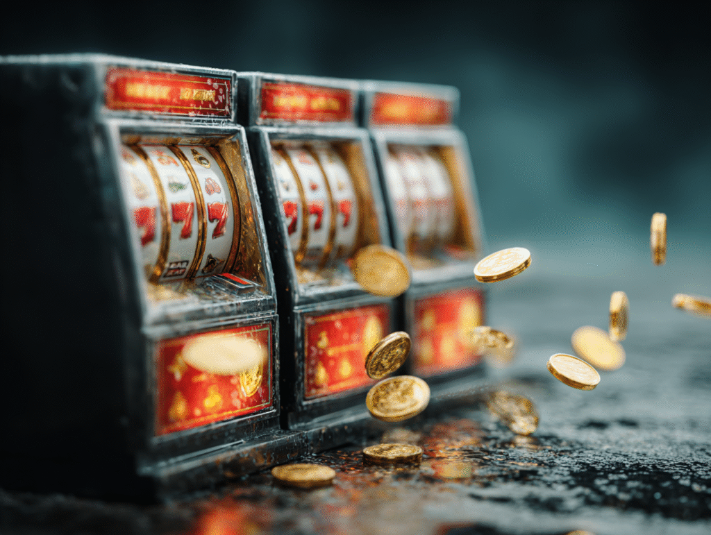 Close-up of classic slot machines with red sevens on the reels, surrounded by golden coins flying out, symbolizing real money casino wins.