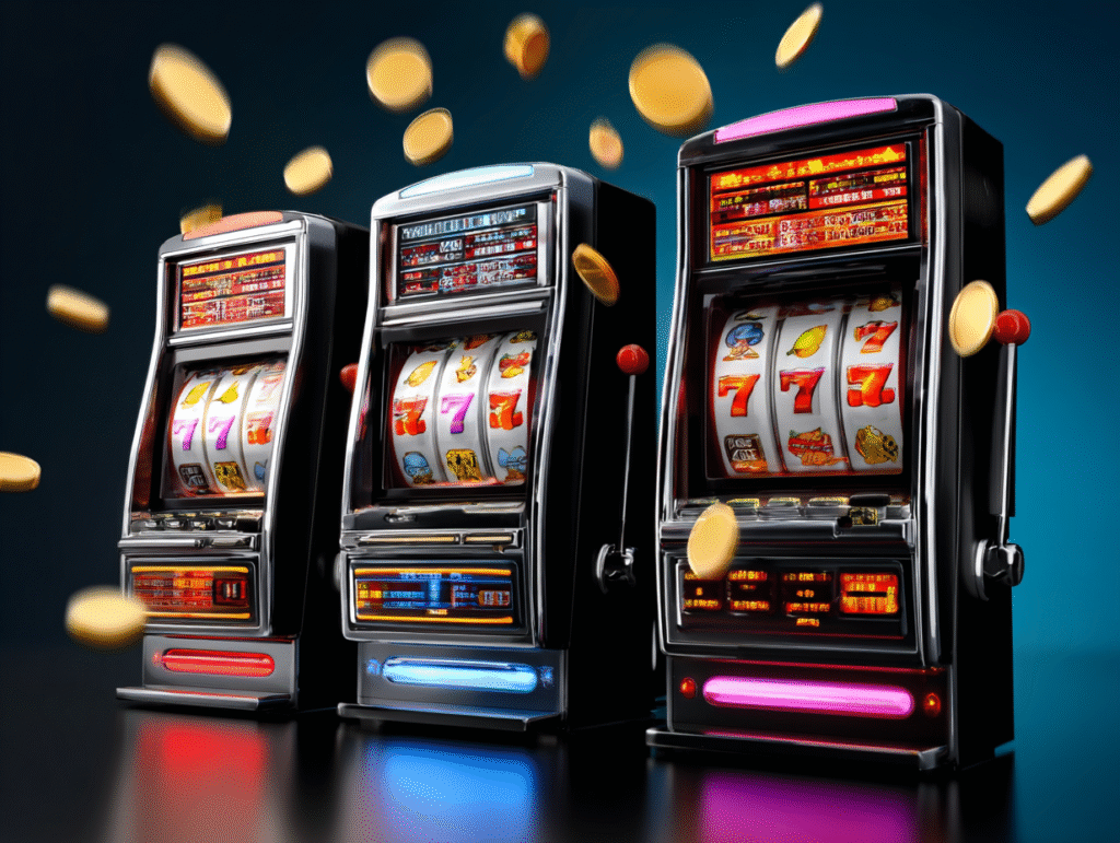 Row of glowing modern slot machines in a dark casino setting with sparks in the background, symbolizing excitement and real money play.