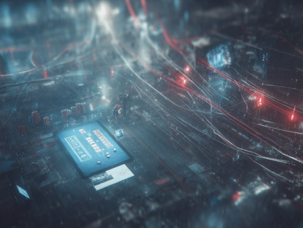 Futuristic cyberpunk-style digital poker table glowing with chips and cards, connected by neon red and blue data streams representing online competitions.