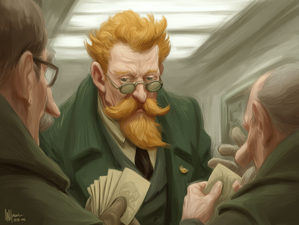 Stylized painting of a stern casino dealer with fiery red hair and a large mustache-beard combo, wearing glasses and a green suit, surrounded by players holding cards and money.