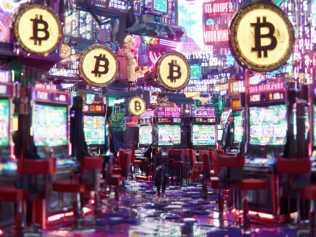 Futuristic neon-lit casino filled with slot machines, glowing Bitcoin symbols floating above the gaming floor, reflecting the rise of crypto casinos in a digital 2025 environment.