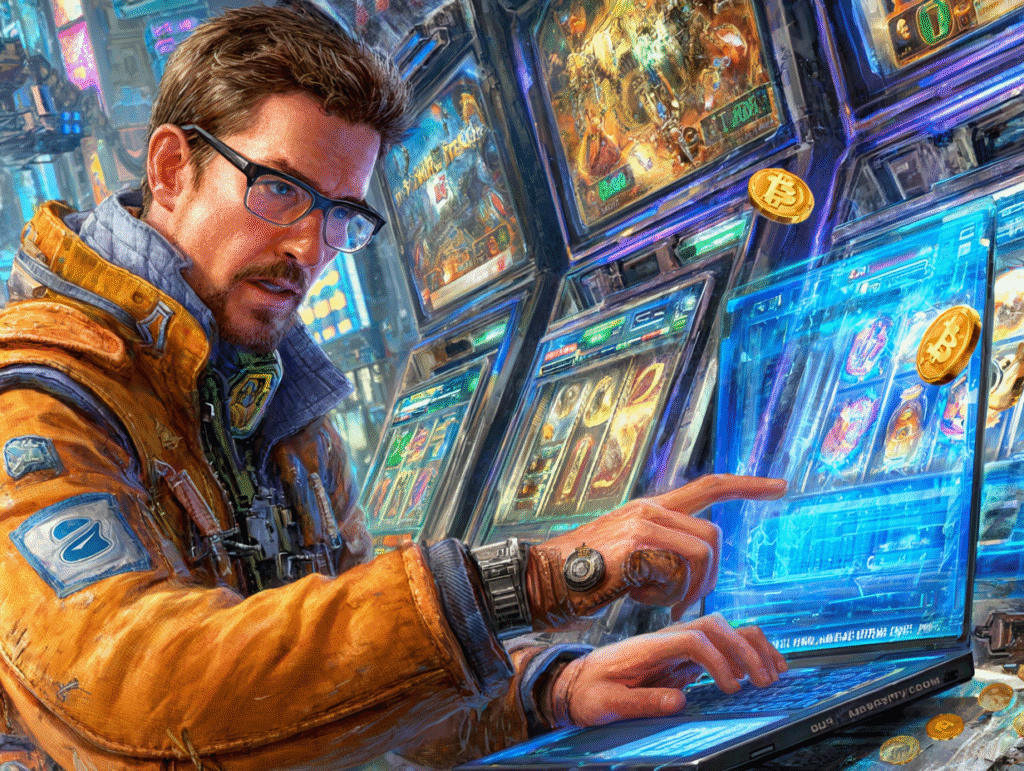 Ultra-realistic digital artwork of a player in futuristic gear testing crypto slot machines on a glowing laptop, surrounded by neon screens and floating Bitcoin symbols.