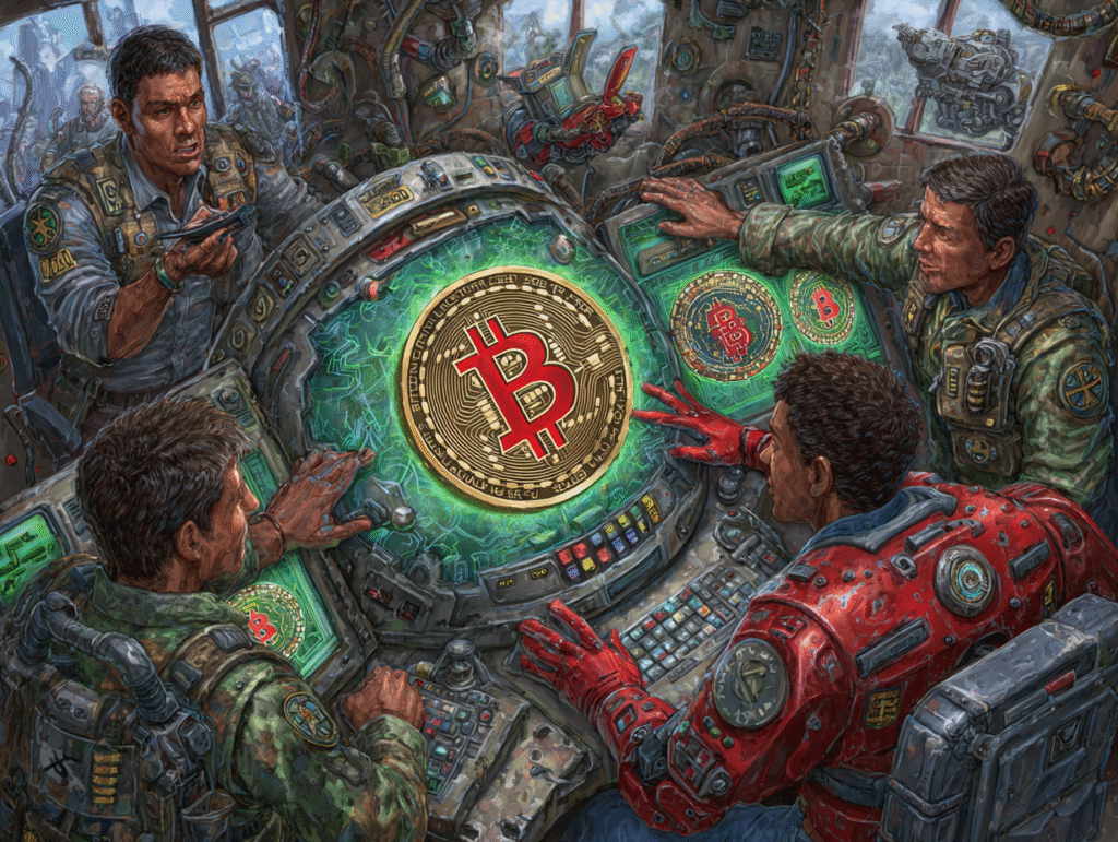 Ultra-realistic digital painting of four futuristic soldiers and engineers gathered around a glowing control console with a giant Bitcoin symbol at the center, symbolizing crypto strategy and cyber warfare planning.