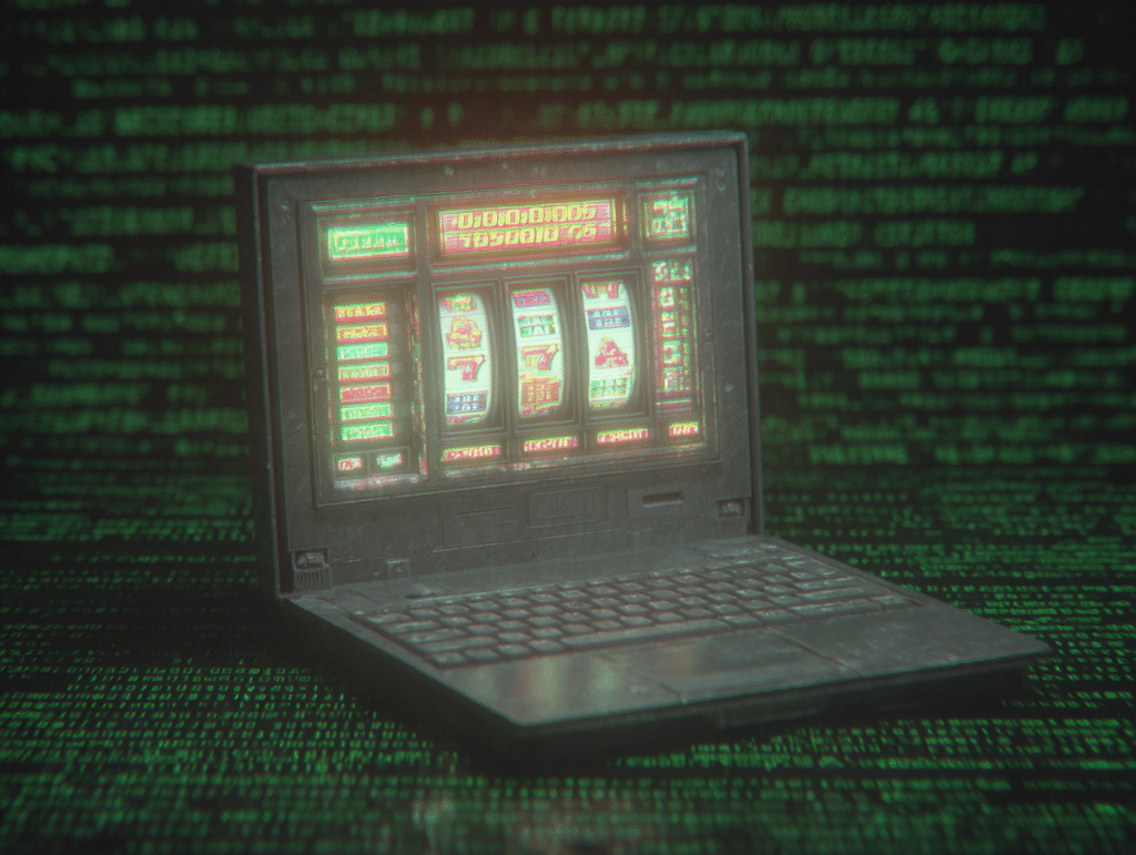 Futuristic digital artwork of a laptop with its screen transformed into an online slot machine, glowing neon reels spinning against a background of green computer code, symbolizing randomness and online casino technology.